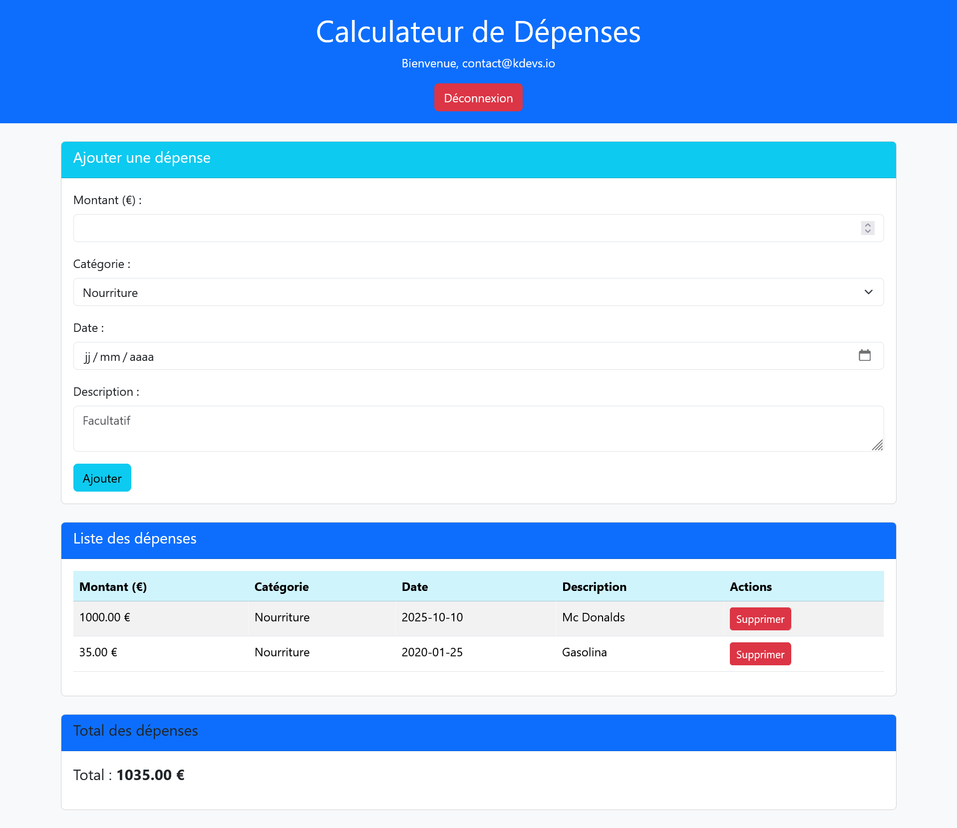 Dashboard calculateur